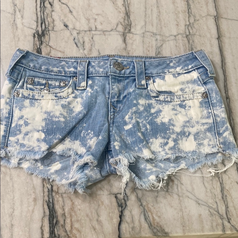 True Religion Blue and White Distressed Jean Shorts